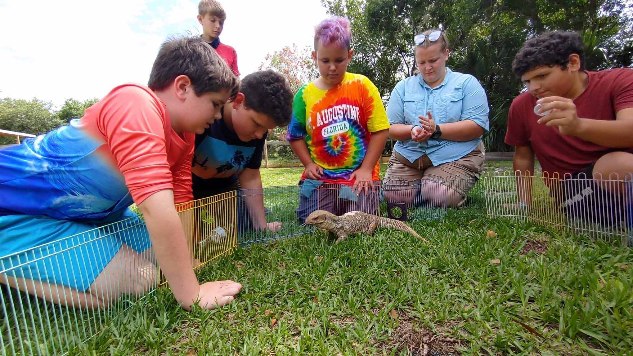 Children and a monitor lizard